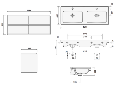 Badmöbel Set Badezimmerschrank mit Keramikwaschbecken, 4-Schubladen CREAZ 120 Grau Matt