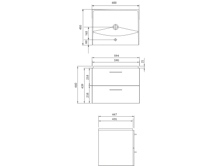 Badmöbel Set Badezimmerschrank mit Keramikwaschbecken, 2-Schubladen LARAZ CITY 60 Grau