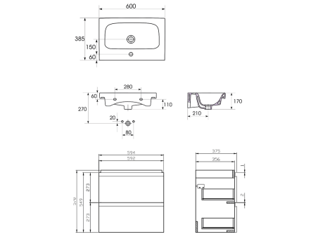 Badmöbel Set Badezimmerschrank mit Keramikwaschbecken, 2-Schubladen MODUO SLIM 60 Weiß