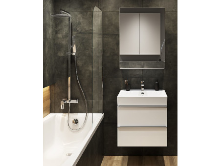 Badmöbel Set Badezimmerschrank mit Keramikwaschbecken, 2-Schubladen VIRGO 60 Weiß, Schwarz Möbelgriffe