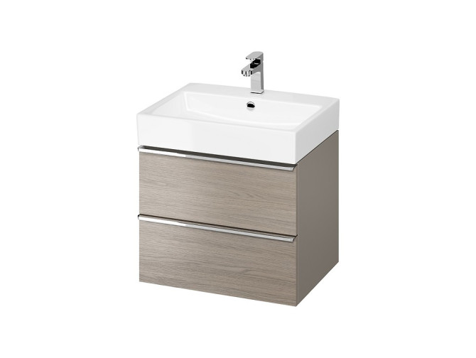 Badmöbel Set Badezimmerschrank mit Keramikwaschbecken, 2-Schubladen VIRGO 60 Grau Eiche, Silber Möbelgriffe