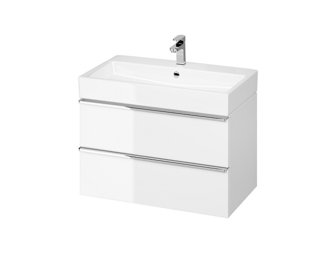 Badmöbel Set Badezimmerschrank mit Keramikwaschbecken, 2-Schubladen VIRGO 80 Weiß, Silber Möbelgriffe
