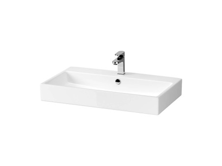 Badmöbel Set Badezimmerschrank mit Keramikwaschbecken, 2-Schubladen VIRGO 80 Weiß, Silber Möbelgriffe