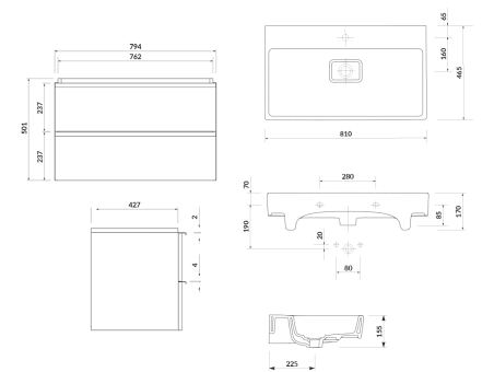 Badmöbel Set Badezimmerschrank mit Keramikwaschbecken, 2-Schubladen VIRGO 80 Weiß, Silber Möbelgriffe