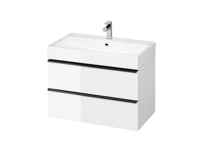 Badmöbel Set Badezimmerschrank mit Keramikwaschbecken, 2-Schubladen VIRGO 80 Weiß, Schwarz Möbelgriffe