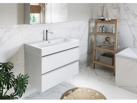 Badmöbel Set Badezimmerschrank mit Keramikwaschbecken, 2-Schubladen VIRGO 80 Weiß, Schwarz Möbelgriffe