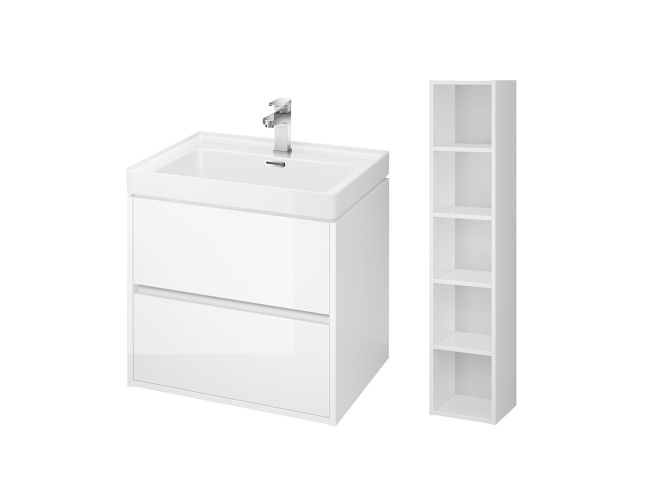 Badmöbel Set CREA 60 Waschbecken-Unterschrank mit Hochschrank 140x30x25, Badregal, Weiß