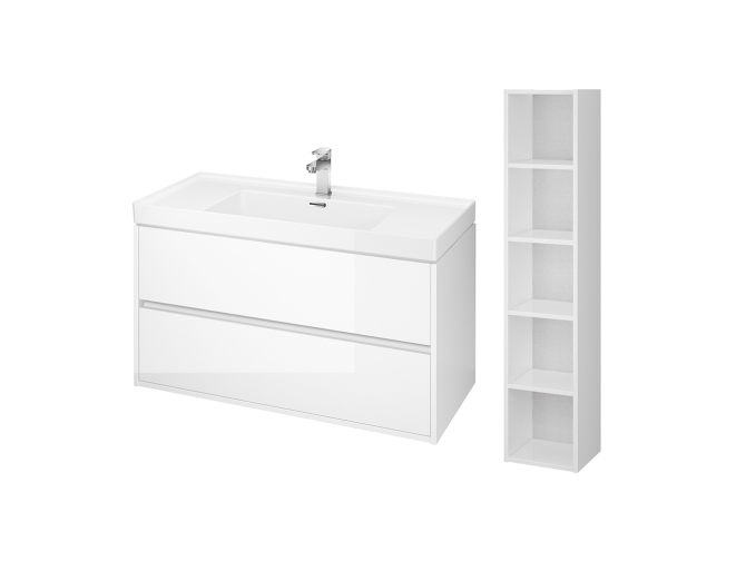 Badmöbel Set CREA 100 Waschbecken-Unterschrank mit Hochschrank 140x30x25, Badregal, Weiß