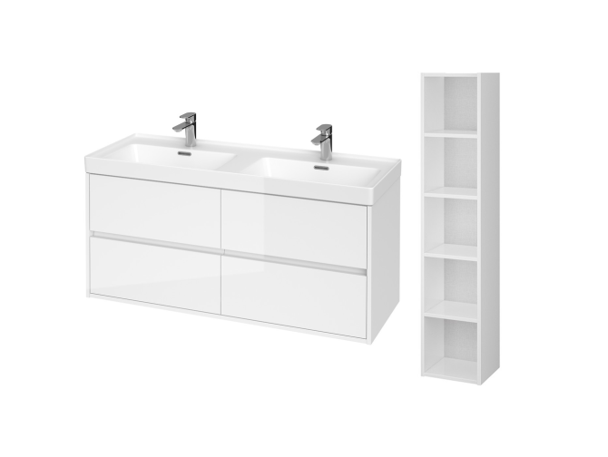 Badmöbel Set CREA 120 Waschbecken-Unterschrank mit Hochschrank 140x30x25, Badregal, Weiß