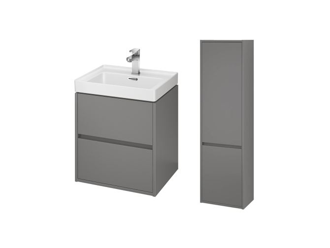Badmöbel Set CREA 50 Waschbecken-Unterschrank mit Hochschrank 140x40x25, 2-Türen, Grau Matt