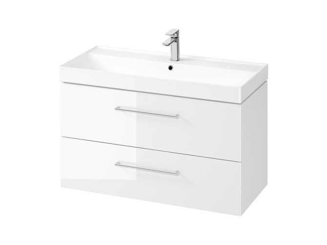 Badmöbel Set Badezimmerschrank mit Keramikwaschbecken, 2-Schubladen LARGA 100 Weiß, 2x Silber Möbelgriffe