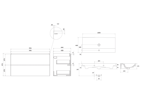 Badmöbel Set Badezimmerschrank mit Keramikwaschbecken, 2-Schubladen LARGA 100 Weiß, 2x Schwarz Möbelgriffe