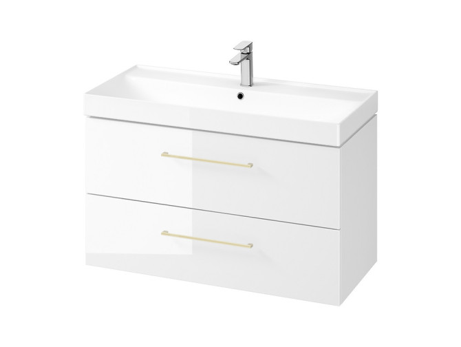 Badmöbel Set Badezimmerschrank mit Keramikwaschbecken, 2-Schubladen LARGA 100 Weiß, 2x Golden Möbelgriffe