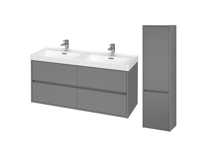 Badmöbel Set CREAZ 120 Waschbecken-Unterschrank mit Hochschrank 140x40x25, 2-Türen, Grau Matt