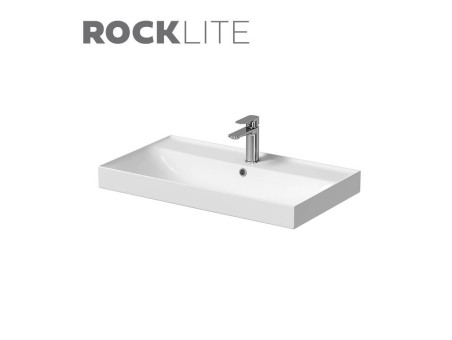 Badmöbel Set Badezimmerschrank mit Keramikwaschbecken, 2-Schubladen LARGA 80 Weiß, 2x Golden Möbelgriffe