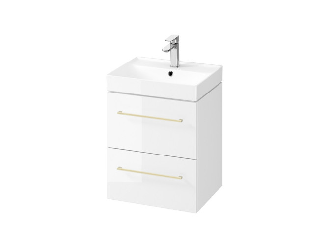 Badmöbel Set Badezimmerschrank mit Keramikwaschbecken, 2-Schubladen LARGA 50 Weiß, 2x Golden Möbelgriffe