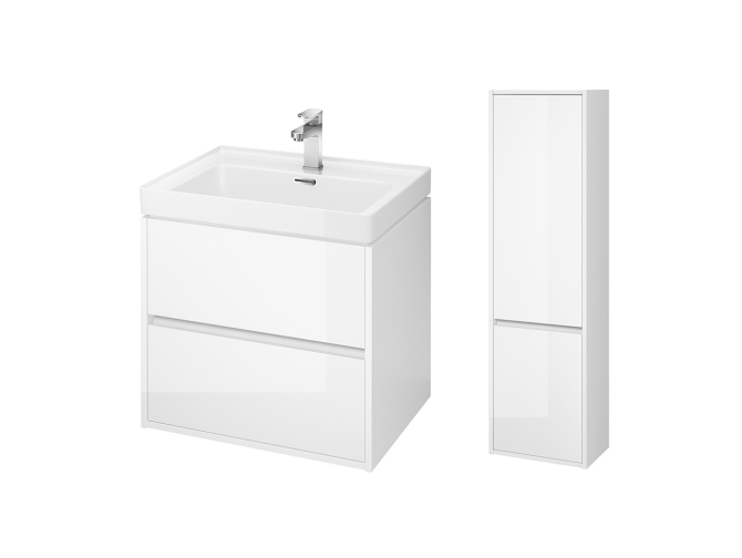 Badmöbel Set CREA 60 Waschbecken-Unterschrank mit Hochschrank 140x40x25, 2-Türen, Weiß