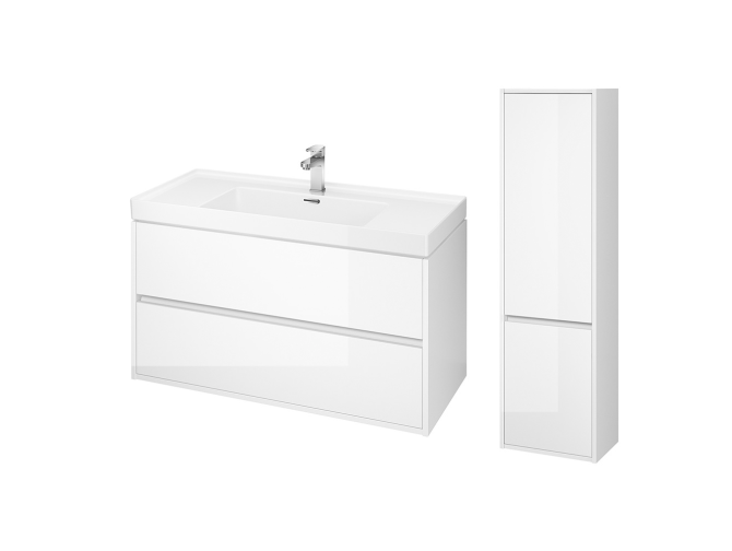 Badmöbel Set CREAZ 100 Waschbecken-Unterschrank mit Hochschrank 140x40x25, 2-Türen, Weiß
