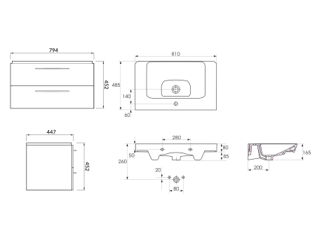 Badmöbel Set LARAZ MILLE 80 Waschbecken-Unterschrank mit Hochschrank 150x30x25, 2-Türen, Grau
