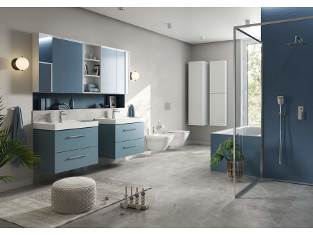 Badezimmer Hochhängeschrank Hochschrank Türen LARGA 160 Blau, Silber Möbelknopf Ø 12 mm mit Spiegel