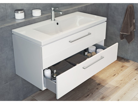 Badmöbel Set LARAZ COMO 100 Waschbecken-Unterschrank mit Hochschrank 150x30x25, 2-Türen, Weiß