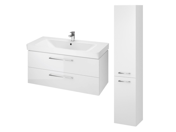 Badmöbel Set LARAZ MILLE 100 Waschbecken-Unterschrank mit Hochschrank 150x30x25, 2-Türen, Weiß