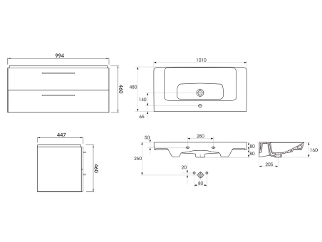 Badmöbel Set LARAZ MILLE 100 Waschbecken-Unterschrank mit Hochschrank 150x30x25, 2-Türen, Weiß