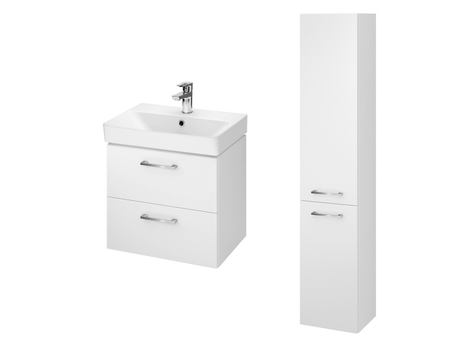 Badmöbel Set LARAZ MILLE SLIM 50 Waschbecken-Unterschrank mit Hochschrank 150x30x25, 2-Türen, Weiß