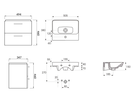Badmöbel Set LARAZ MILLE SLIM 50 Waschbecken-Unterschrank mit Hochschrank 150x30x25, 2-Türen, Weiß