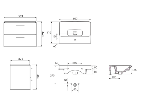 Badmöbel Set LARAZ MILLE SLIM 60 Waschbecken-Unterschrank mit Hochschrank 150x30x25, 2-Türen, Weiß