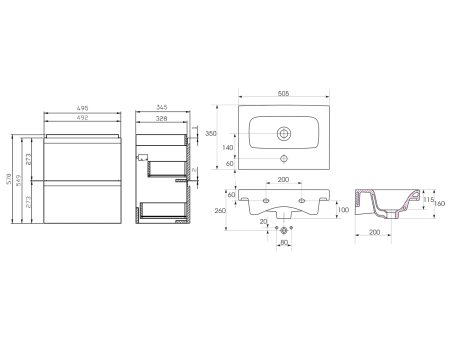 Badmöbel Set MODUO SLIM 50 Waschbecken-Unterschrank, Hochschrank 160x40x34, Türen mit Spiegel, Grau