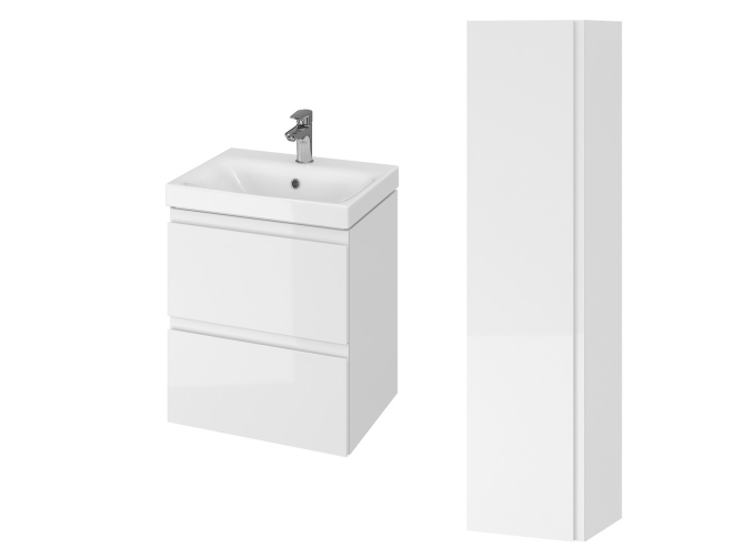 Badmöbel Set MODUO 50 Waschbecken-Unterschrank, Hochschrank 160x40x34, Türen mit Spiegel, Weiß