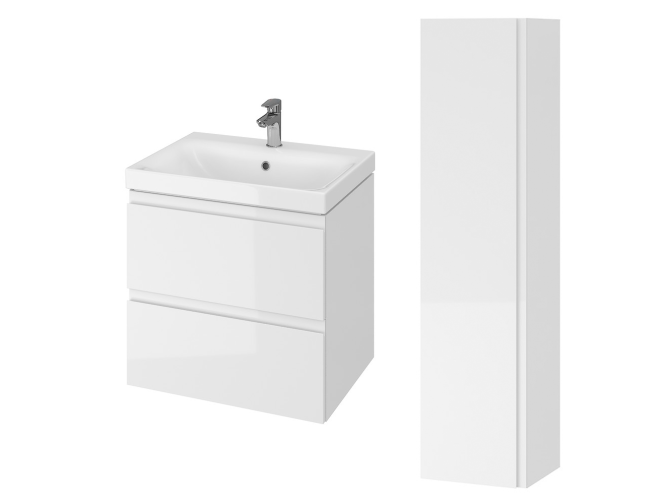 Badmöbel Set MODUO 60 Waschbecken-Unterschrank, Hochschrank 160x40x34, Türen mit Spiegel, Weiß