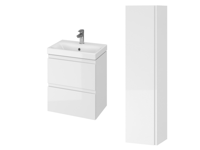 Badmöbel Set MODUO SLIM 50 Waschbecken-Unterschrank, Hochschrank 160x40x34, Türen mit Spiegel, Weiß