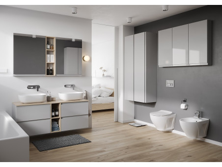 Badmöbel Set MODUO SLIM 60 Waschbecken-Unterschrank, Hochschrank 160x40x34, Türen mit Spiegel, Weiß