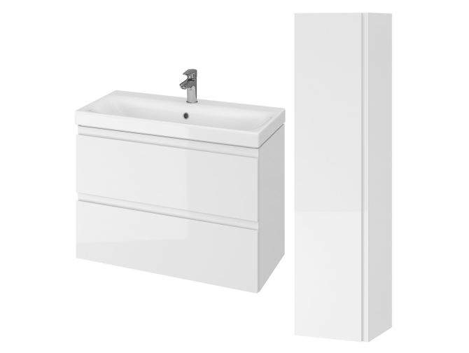 Badmöbel Set MODUO SLIM 80 Waschbecken-Unterschrank, Hochschrank 160x40x34, Türen mit Spiegel, Weiß