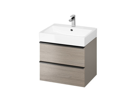 Badmöbel Set VIRGO 60 Waschbecken-Unterschrank, Hochschrank 160x40x30, Türen mit Spiegel, Grau Eiche, Schwarz Möbelgriffe