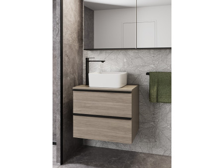 Badmöbel Set VIRGO 60 Waschbecken-Unterschrank, Hochschrank 160x40x30, Türen mit Spiegel, Grau Eiche, Schwarz Möbelgriffe