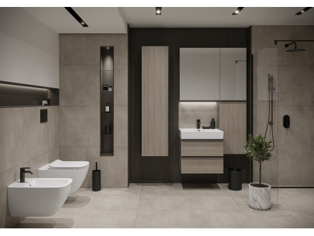 Badmöbel Set VIRGO 60 Waschbecken-Unterschrank, Hochschrank 160x40x30, Türen mit Spiegel, Grau Eiche, Schwarz Möbelgriffe