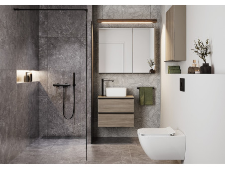 Badmöbel Set VIRGO 60 Waschbecken-Unterschrank, Hochschrank 160x40x30, Türen mit Spiegel, Grau Eiche, Schwarz Möbelgriffe