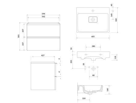 Badmöbel Set VIRGO 60 Waschbecken-Unterschrank, Hochschrank 160x40x30, Türen mit Spiegel, Grau Eiche, Schwarz Möbelgriffe