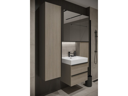 Badmöbel Set VIRGO 60 Waschbecken-Unterschrank, Hochschrank 160x40x30, Türen mit Spiegel, Grau Eiche, Silber Möbelgriffe