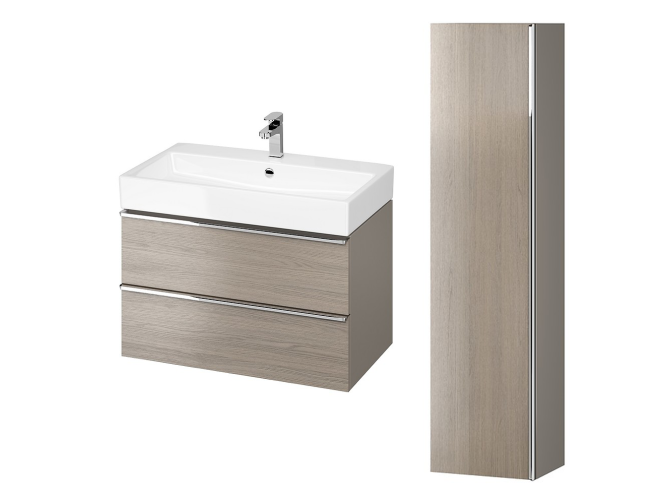 Badmöbel Set VIRGO 80 Waschbecken-Unterschrank, Hochschrank 160x40x30, Türen mit Spiegel, Grau Eiche, Silber Möbelgriffe