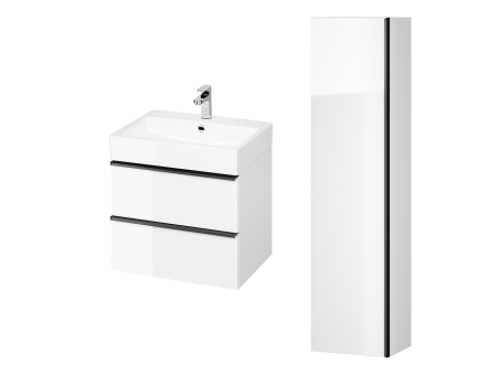 Badmöbel Set VIRGO 60 Waschbecken-Unterschrank, Hochschrank 160x40x30, Türen mit Spiegel, Weiß, Schwarz Möbelgriffe