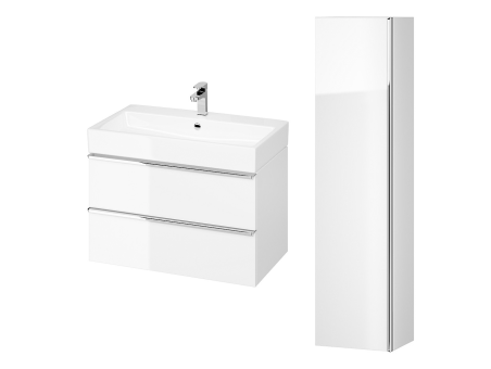 Badmöbel Set VIRGO 80 Waschbecken-Unterschrank, Hochschrank 160x40x30, Türen mit Spiegel, Weiß, Silber Möbelgriffe