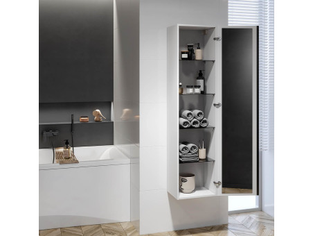 Badmöbel Set VIRGO 80 Waschbecken-Unterschrank, Hochschrank 160x40x30, Türen mit Spiegel, Weiß, Silber Möbelgriffe