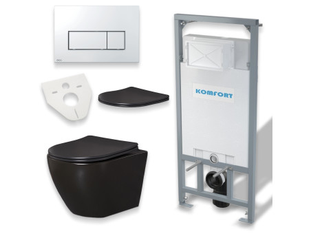 WC SET: Vorwandelement C201 + Toilette Slim Soft-Close Delos Schwarz + Schallschutzmatte + Betätigungsplatte in Chrom