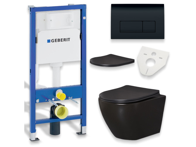 WC SET: Vorwandelement Duofix + Toilette Slim Soft-Close Delos Schwarz + Schallschutzmatte + Betätigungsplatte in Schwarz