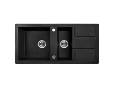 Granitspüle 1,5-Becken in Schwarz BARBADOS 100x48 mit Ablaufplatte | Siphon im SET!