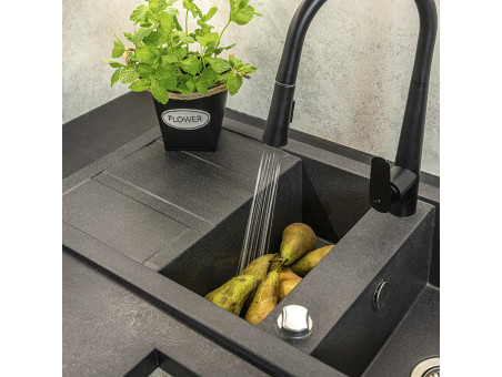 Granitspüle 1,5-Becken in Schwarz BARBADOS 100x48 mit Ablaufplatte | Siphon im SET!